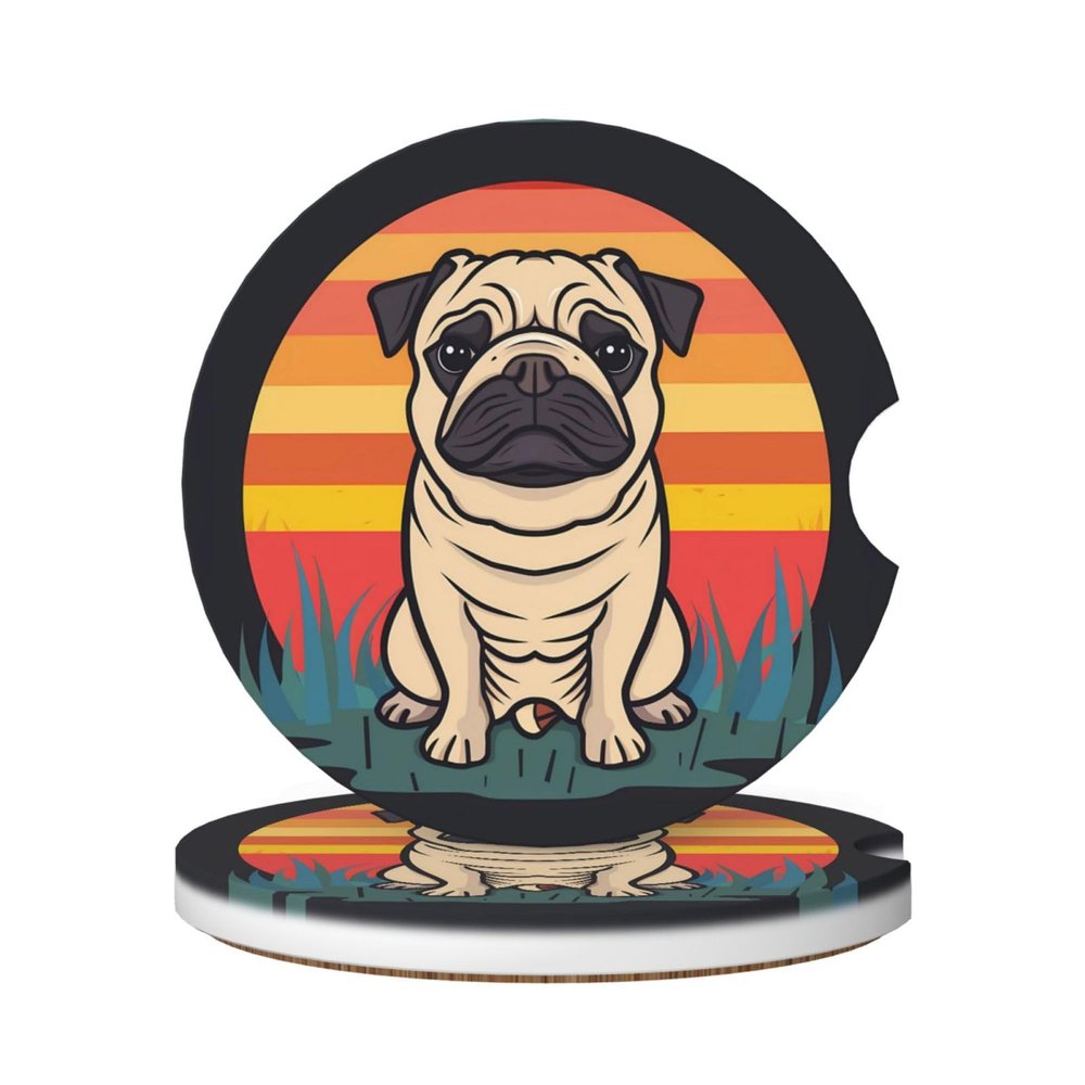 Neukim 2 Pack Retro Pug Ombre Sunset Car Cup Holder Coasters, 2.56 Inch Anti Slip Ceramic Absorbent Coaster with Cork Base and Finger Notch Car Accessories Interior for Women & Men