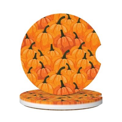 Neukim 2 Pack Orange Yellow Pumpkins Car Cup Holder Coasters, 2.56 Inch Autumn Pumpkin Anti Slip Ceramic Absorbent Coaster with Cork Base and Finger Notch Car Accessories Interior for Women & Men