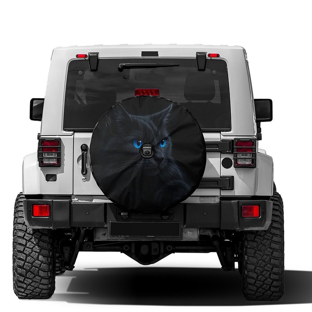 Delerain Cat with Blue Eyes Spare Tire Cover with Backup Camera Hole for RV Trailer SUV Truck and Many Vehicle, Wheel Covers Sun Protector Waterproof (15 Inch for Diameter 27"-29")