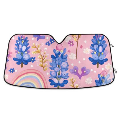 QwThum Pink Bluebonnet Polka Dots and Rainbows Windshield Sunshade Cover Foldable Durable Reflective Sun Visor for Car Truck Vans Prevent UV Rays Sun Heat Protection Car Interior Accessories Funny 57x