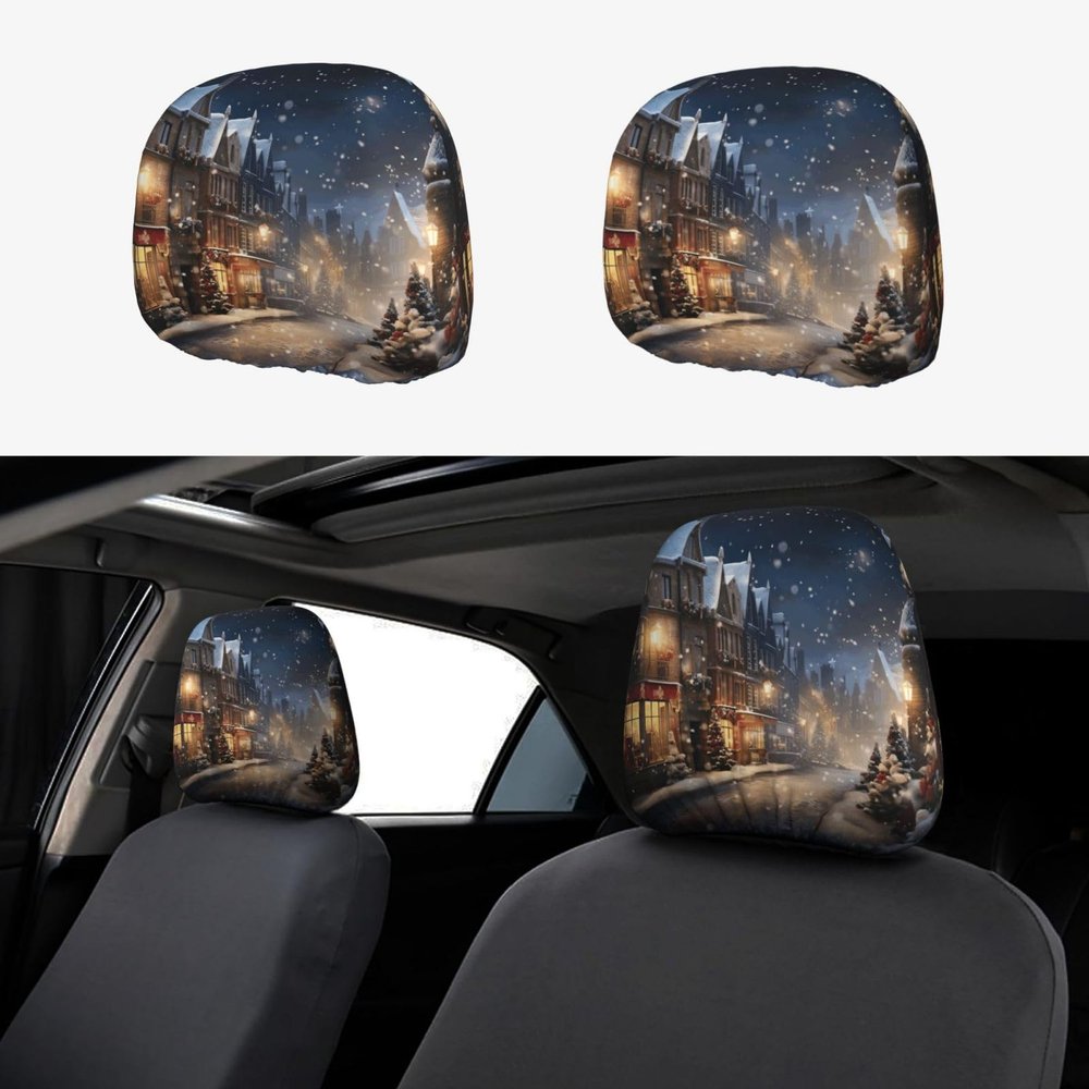 BaerK Christmas Holiday Print Car Headrest Cover 2 Pcs Universal Protector for Cars SUV Trucks Vans, Elastic Interior Accessory