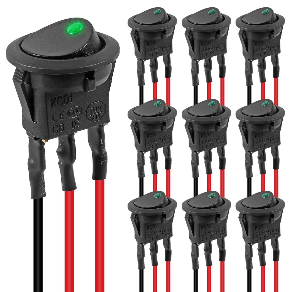 10pcs KCD1 Wired On/Off Rocker Toggle Switch 3 Pin DC 12V 20A Round Switch LED Light Power On Off Switches SPST for Truck Boat Cars(Green)