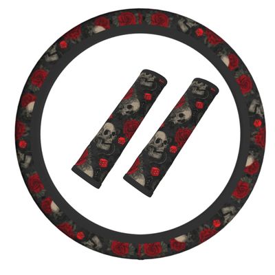 Halloween Skull Steering Wheel Cover Elastic Non-Slip Car Steering Wheel Covers with Seat Belt Shoulder Pad for Women Men