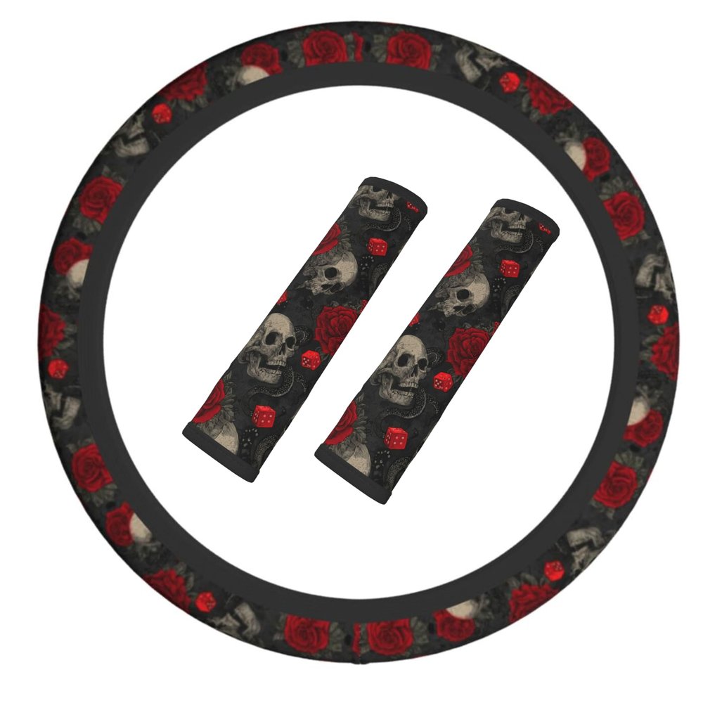 Halloween Skull Steering Wheel Cover Elastic Non-Slip Car Steering Wheel Covers with Seat Belt Shoulder Pad for Women Men