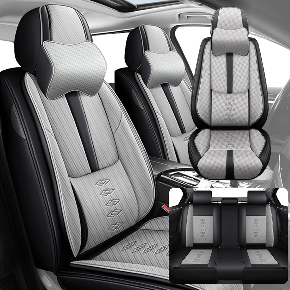SOUIPA Car Seat Covers 5 Seats Fit for Hyundai Santa Fe 2001-2024,Waterproof Leather Seat Covers,Airbag Compatible,Car Seat Protectors Interior Sets(5PCS with Pillows,Black&Grey)