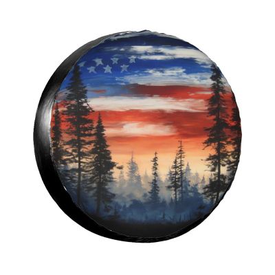 American Flag Sky Trees Spare Tire Cover Universal Fit for Trailers Camper Rv Suvs Trucks,Funny Tire Covers Waterproof Polyester Wheel Protector Outdoor,15 inch