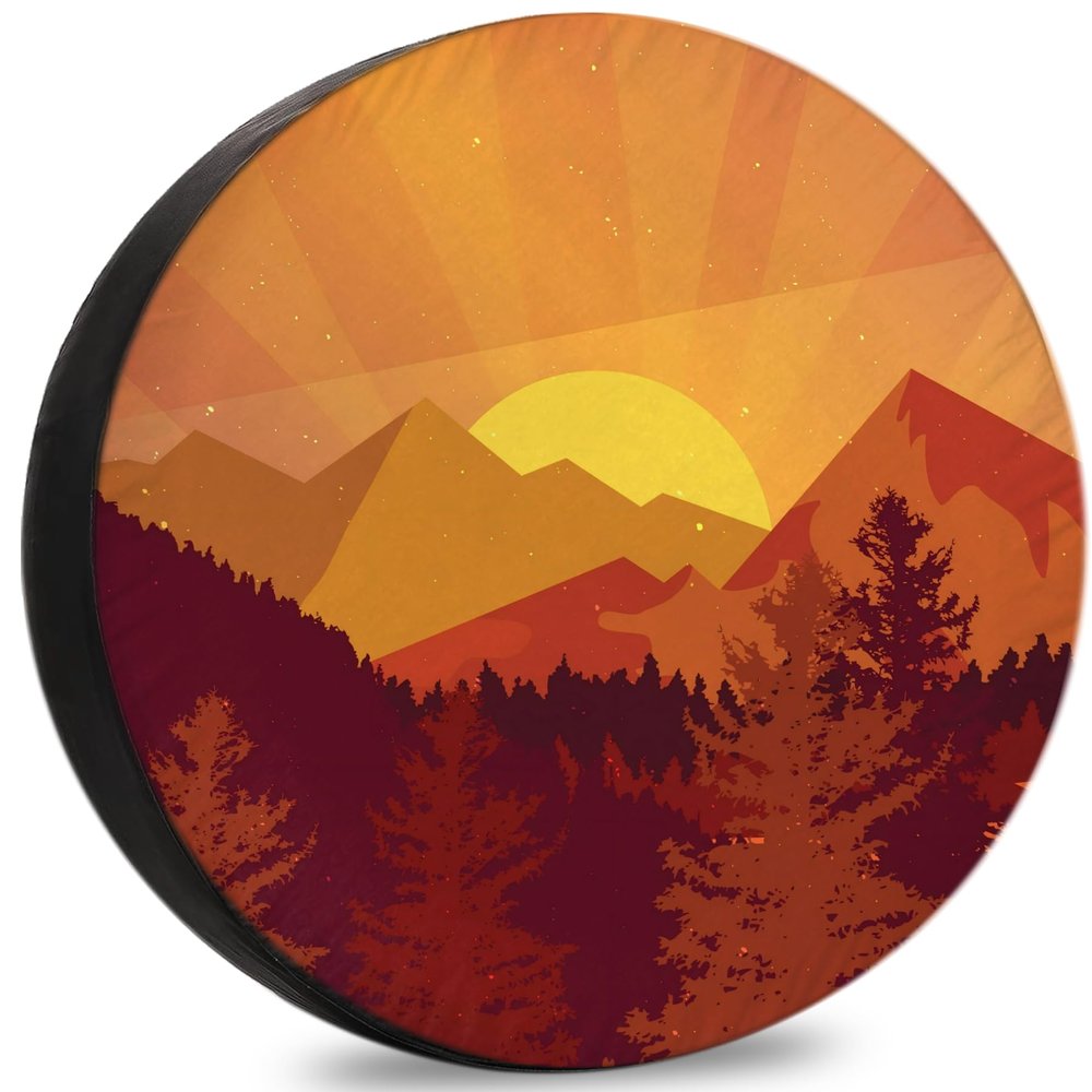 RUUEESTAR Mountain Sunset Trailer Spare Tire Cover Oxford Fabric SUV Camping Accessories with Waterproof, UV-Resistant & Dustproof Protection for RVs, SUV, Car - 17 Inch