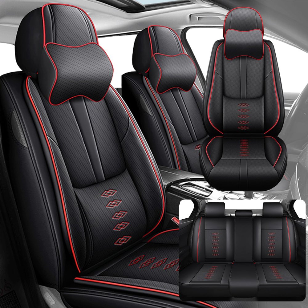 SOUIPA Car Seat Covers 5 Seats Fit for VW Jetta SportWagen 2009-2014,Waterproof Leather Seat Covers,Airbag Compatible,Car Seat Protectors Interior Sets(5PCS with Pillows,Black&Red)