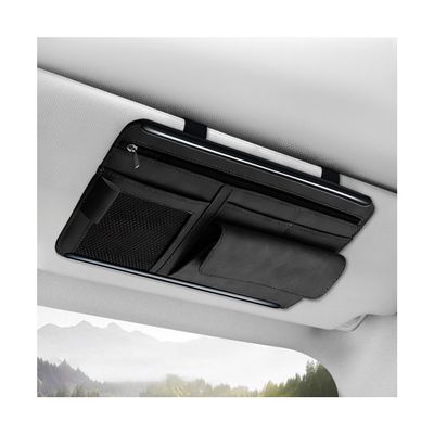 YTFRL Car Sun Visor Organizer, Soft Leather Vehicle Sunshade Glasses Storage Bag with Net Zipper, Automotive Multi-Pocket Organizer for Drive License Card Glasses Document (Black)