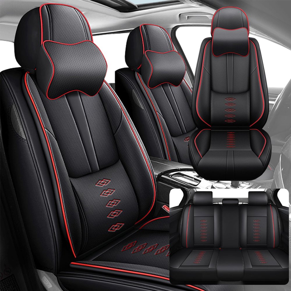 SOUIPA Car Seat Covers 5 Seats Fit for VW GLI 2008 2009,Waterproof Leather Seat Covers,Airbag Compatible,Car Seat Protectors Interior Sets(5PCS with Pillows,Black&Red)