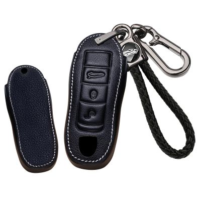HIBEYO Leather Key Fob Cover for Porsche Car Accessories Key Case Fit for Porsche Key Chain Smart Rmeot Auto Key-B Keychain Black
