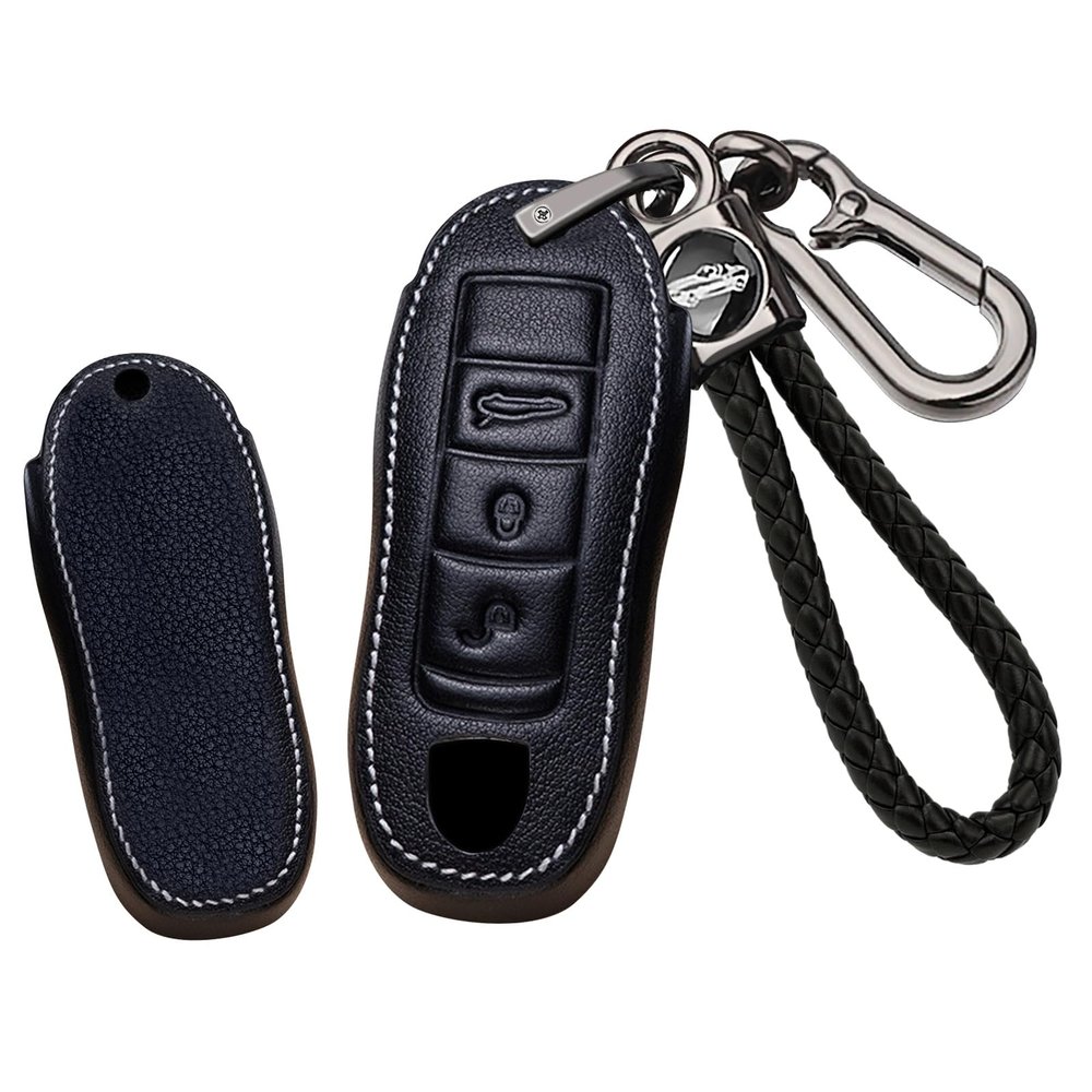 HIBEYO Leather Key Fob Cover for Porsche Car Accessories Key Case Fit for Porsche Key Chain Smart Rmeot Auto Key-B Keychain Black