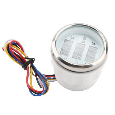 SIXRUN High Clarity Boat Triple Gage Set, 3 in 1 Gage for Water Temp Oil Pressure Voltage with Digital Display Water Proof for Car RV Truck (White Dial Silver Cover)