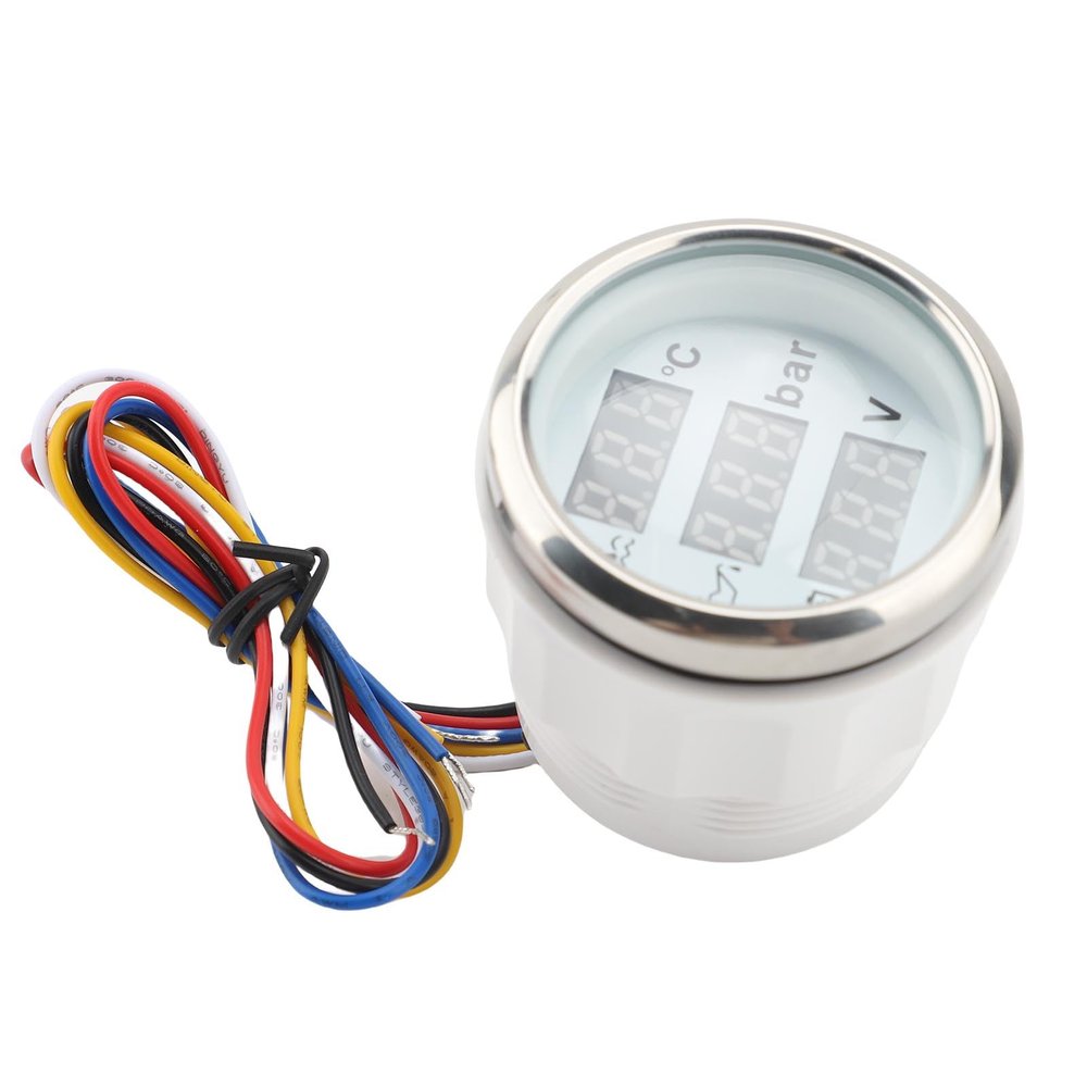 SIXRUN High Clarity Boat Triple Gage Set, 3 in 1 Gage for Water Temp Oil Pressure Voltage with Digital Display Water Proof for Car RV Truck (White Dial Silver Cover)