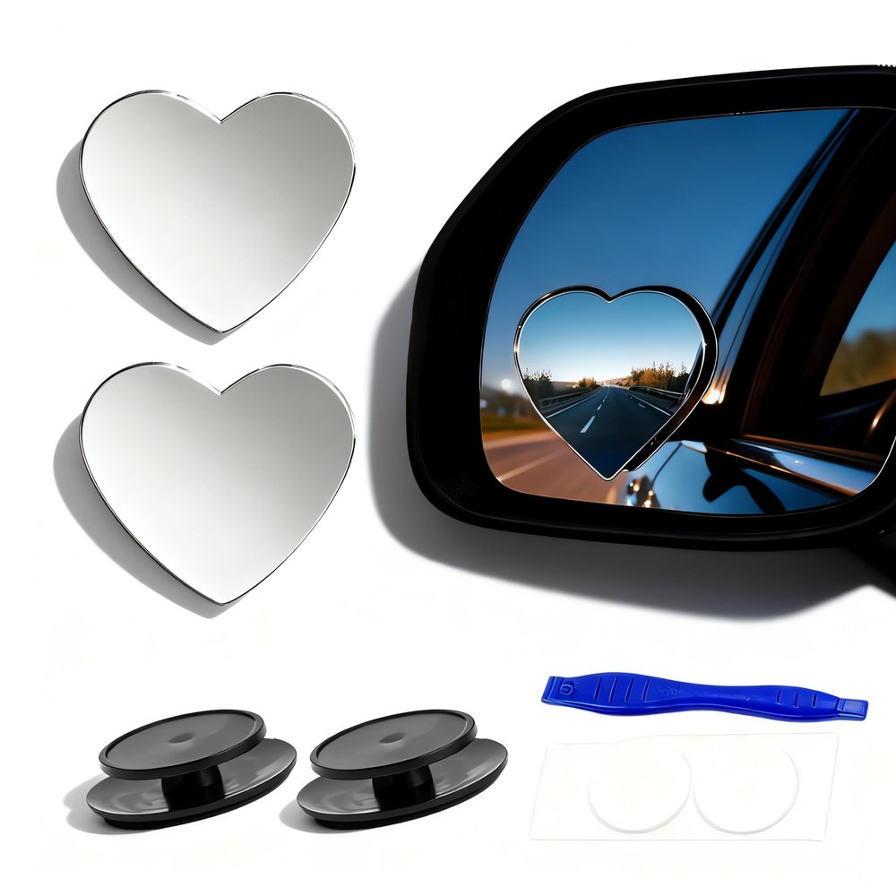 2 pcs Blind Spot Mirrors, 2" Heart Shaped HD Glass Convex 360 Wide Angle Side Rear View Mirror with ABS Housing for Cars SUV and Trucks, Chrome Heart shape, Pack of 2