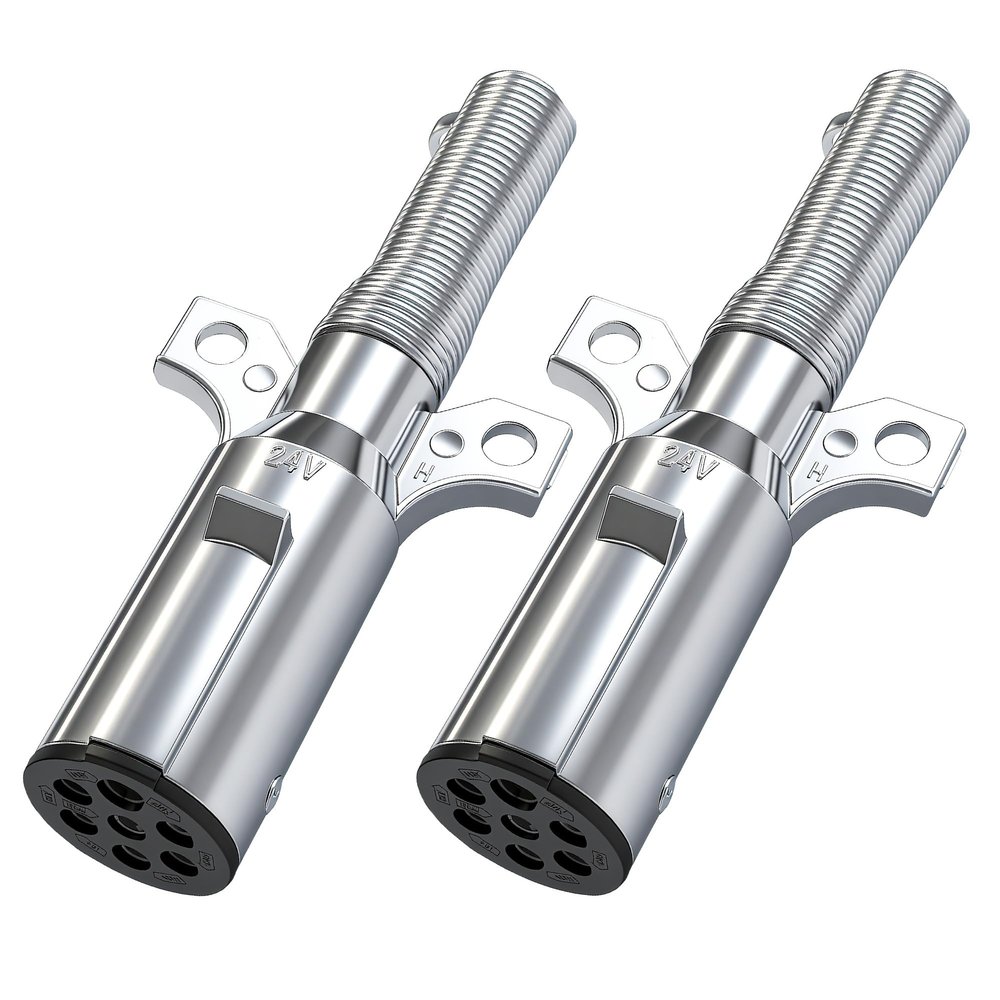 2 Pcs 7 Way Round Trailer Plug with Spring Guard for RV Semi Truck Trailer SAE J560 Style Zinc Die-Cast 7-Pin Trailer Connector Replaces 15730