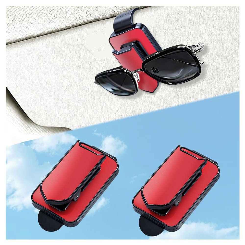 FOWIDALIXG Sunglasses Clip for Car Visor Accessories Eyeglass Holders Organizer Black Border + Red 2 Pack
