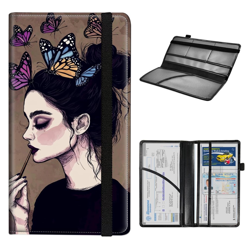 VACGBJPG Car Registration and Insurance Holder,Faux Leather Car license Organizer for Women Men,Secure Protective Organizer for Easy Access to Driver License,Cards,ID,Butterfly Dream Art