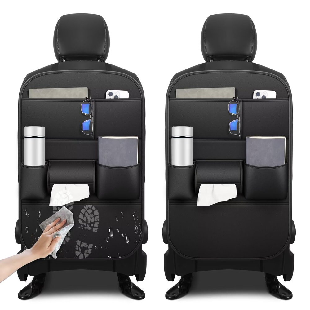 NUWQICD Back Seat Protector 2 Pack Fit for Toyota Grand Highlander Car Kick Mats with Cup & Tissue Storage Organizer Pockets Waterproof Dirt Proof Faux Leather Auto Accessories for Kids(1 Pair Black)