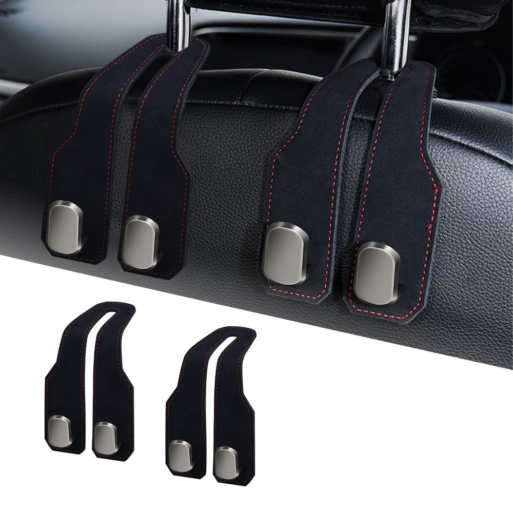 RAOZBE Car Seat Headrest Hooks for Purses and Bags, 2 Pack Bag Purse Holder for Car With Double Metal Hooks, Car Purse Hanger, Headrest Back Seat Handbags Hook Cute Hanging Accessories, Black