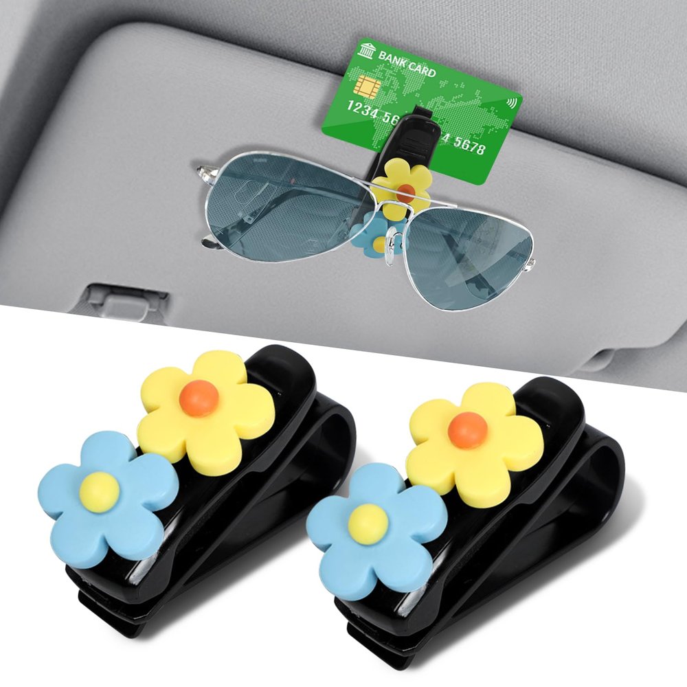 Rebvugr 2PCS Flowers Car Sun Visor Sunglass Holder, Visor Sunglasses Clip, Multifunctional Sunglasses Holder and Ticket Card Clip, Car Sunglass Organizer for Different Size Glasses (Blue/Yellow)