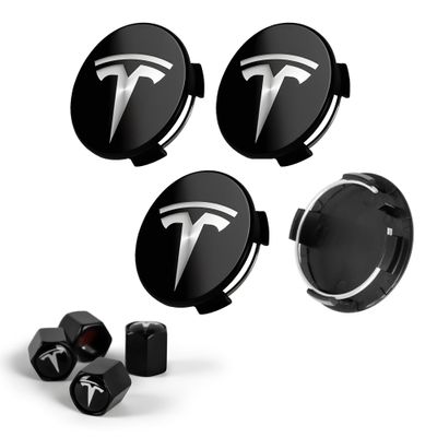 Powlamks 4 PCS Car Wheel Center Cap for Tesla Model Y & Model 3, Car Hubcaps with Logo Emblem and 4 Valve Stem Caps, 2.2 in ABS Wheel Rim Cover Accessories for Tesla 18"/19" Wheel, Black & Silver