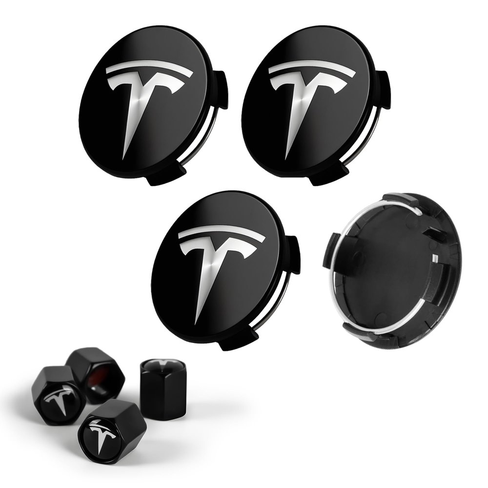 Powlamks 4 PCS Car Wheel Center Cap for Tesla Model Y & Model 3, Car Hubcaps with Logo Emblem and 4 Valve Stem Caps, 2.2 in ABS Wheel Rim Cover Accessories for Tesla 18"/19" Wheel, Black & Silver