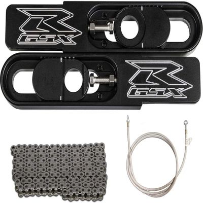 FTD Customs 2017 GSXR 1000 Swingarm Extensions Black Engraved 4.5-9" Stretch with 60" Extended ABS Compatible Brake Line and 525 x 150 Link Chain - Made in the USA