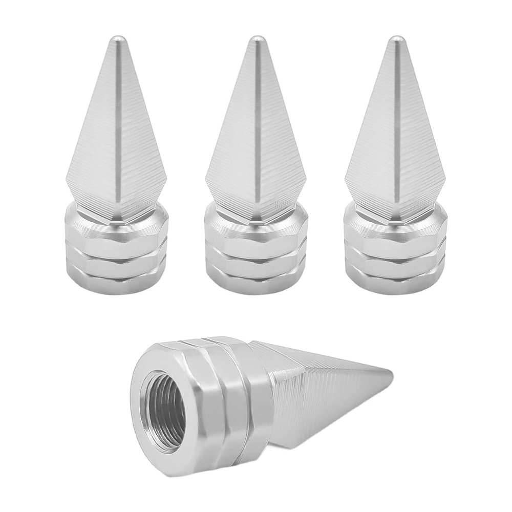 YTFRL 4 PCS Spiked Shape Tire Valve Stem Caps, Heavy Duty Leak-Proof Aluminum Spike Tire Air Covers, Universal Dustproof Valve Stem Caps Tyre Accessories for SUVs Trucks Bikes (Silver)
