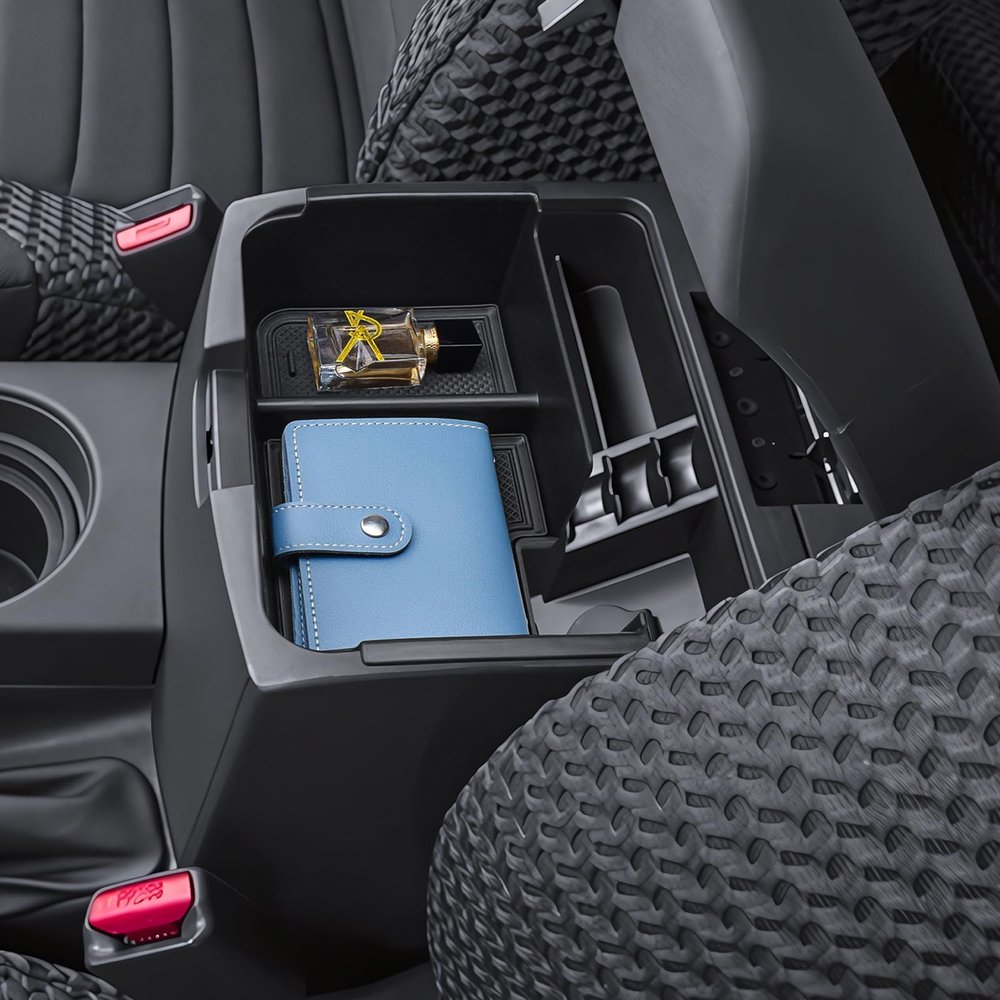 HGWEI Upgrade Center Console Organizer Compatible with 2005-2021 Nissan Frontier Interior Accessories Middle Armrest Storage Box Insert Compartment Tray Hidden Storage Space with Rubber Mats, Black