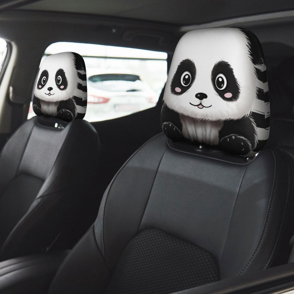 Black and White Panda Car Seat Headrest Cover 2 PCS, Soft Stretchable Fabric Car Head Rest Protector Dustproof Removable Car Headrest Covers Universal Vehicle Accessories