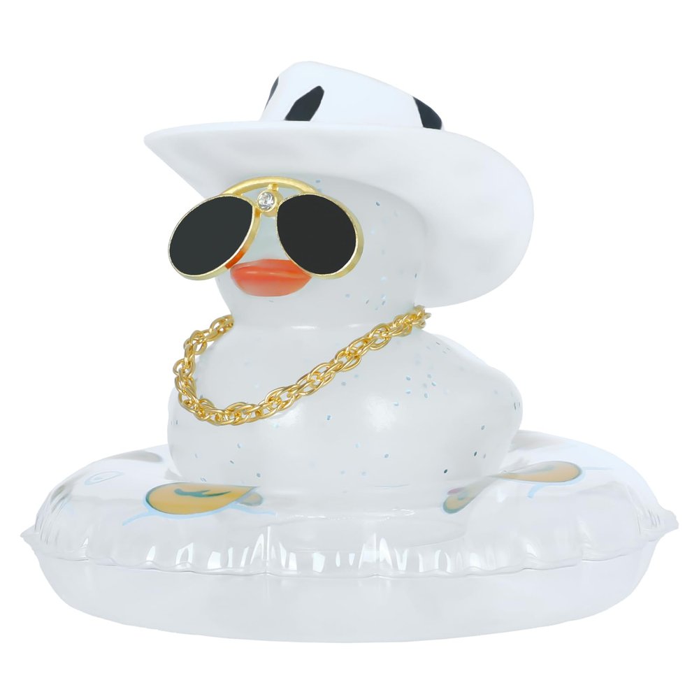 Cute White Rubber Duck with Swim Ring for Car Dashboard Decorations, Funny Duck Car Accessories, Desk Office Decor