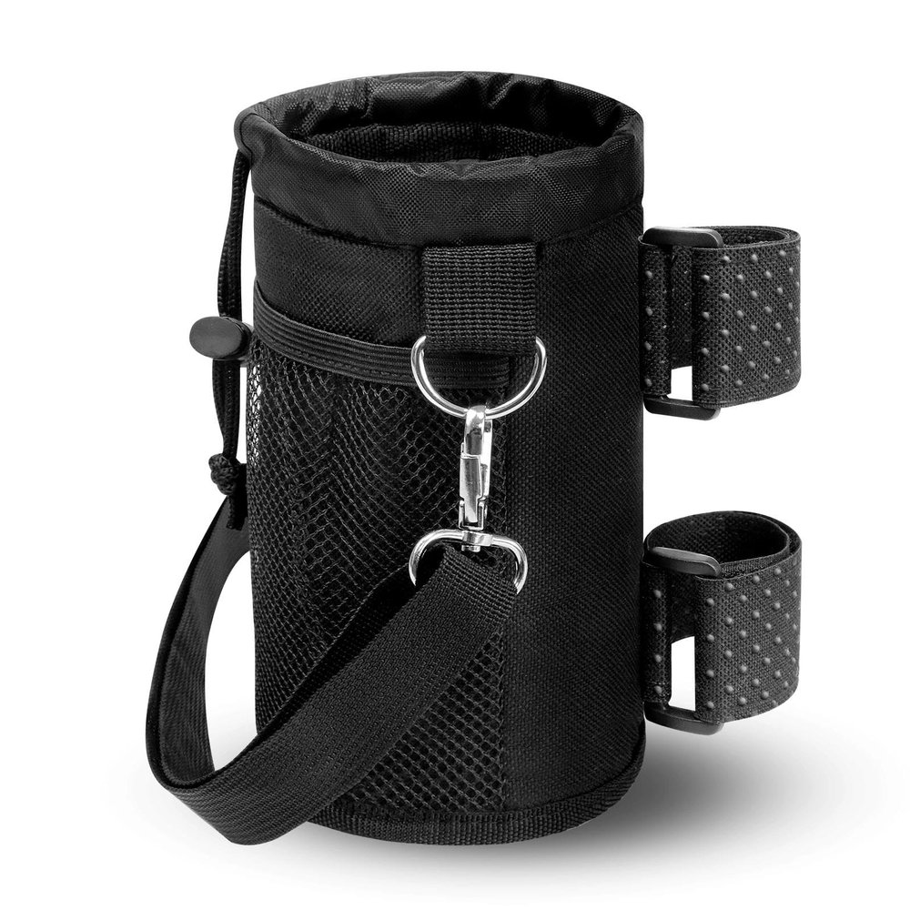 Cup Holder for Bike, Wheelchair and Scooter, Water Bottle Holder for Bicycle, Walker, Stroller, Utv, ATV eBike and Beach, Universal Drink Holder Accessories with Strap and Net Pocket - Black