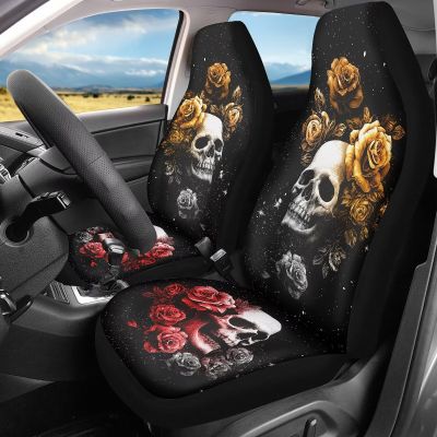 Bulopur Skull and Rose Car Seat Covers Front Seats Auto Drive Seat Covers 2 Pack Black Breathable Carseat Cushions Universal for Sedan SUV Truck Halloween Decorations