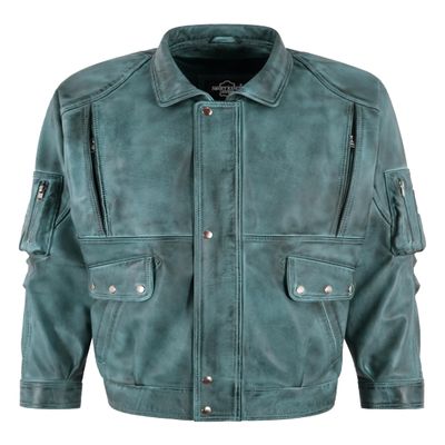 Men's Bomber Oversized Leather Jacket Sky Blue Waxed Multi Pockets Zipper Jacket 6777, Sky Blue Waxed, 3X-Large