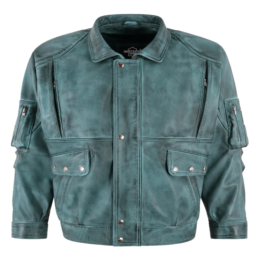 Men's Bomber Oversized Leather Jacket Sky Blue Waxed Multi Pockets Zipper Jacket 6777, Sky Blue Waxed, 3X-Large