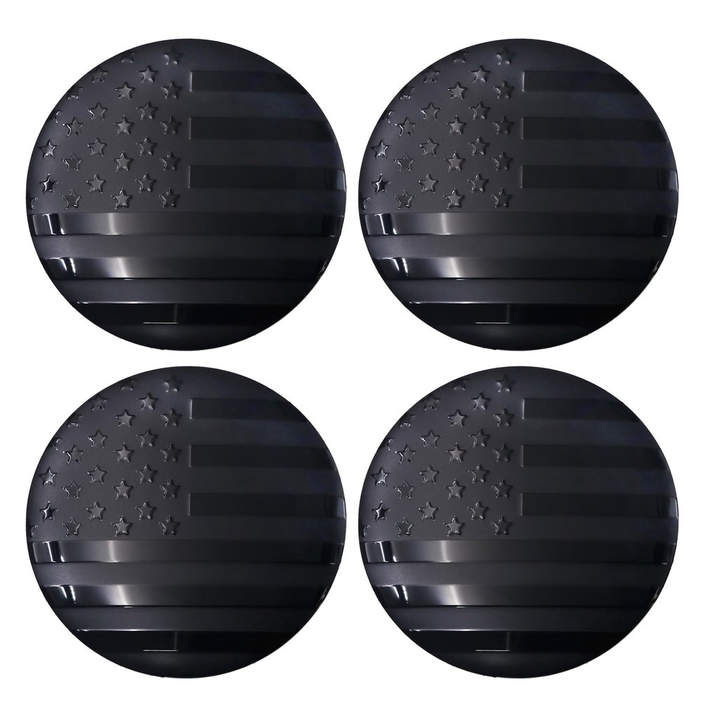 American Flag Wheel Center Caps (4PCS) - Custom Round Aluminum Self-Adhesive Decals - Fit for Car, Truck, SUV Hub Caps Emblem (All Black, 56mm)