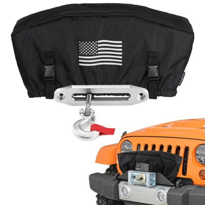 Upgraded 900D Oxford Winch Cover with Flag Pattern, Heavy Duty Waterproof Winch Protection Cover Dust-Proof Winch Protective Cover for Electric Winches Up to 17500 Lbs With Adjustable Band