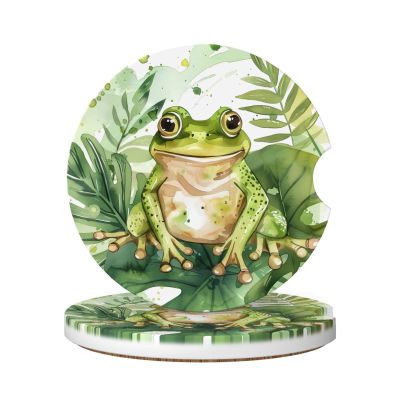 Neukim 2 Pack Watercolor Green Frog Leaf Car Cup Holder Coasters, 2.56 Inch Anti Slip Ceramic Absorbent Coaster with Cork Base and Finger Notch Car Accessories Interior for Women Men