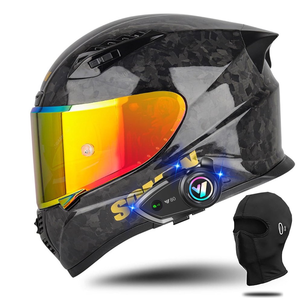 Bluetooth Modular Integrated Carbon Fiber Full Face Sport Touring Street Built-in Dual Speaker Microphone DOT ECE Approved Adult(BB,XXX-Large)