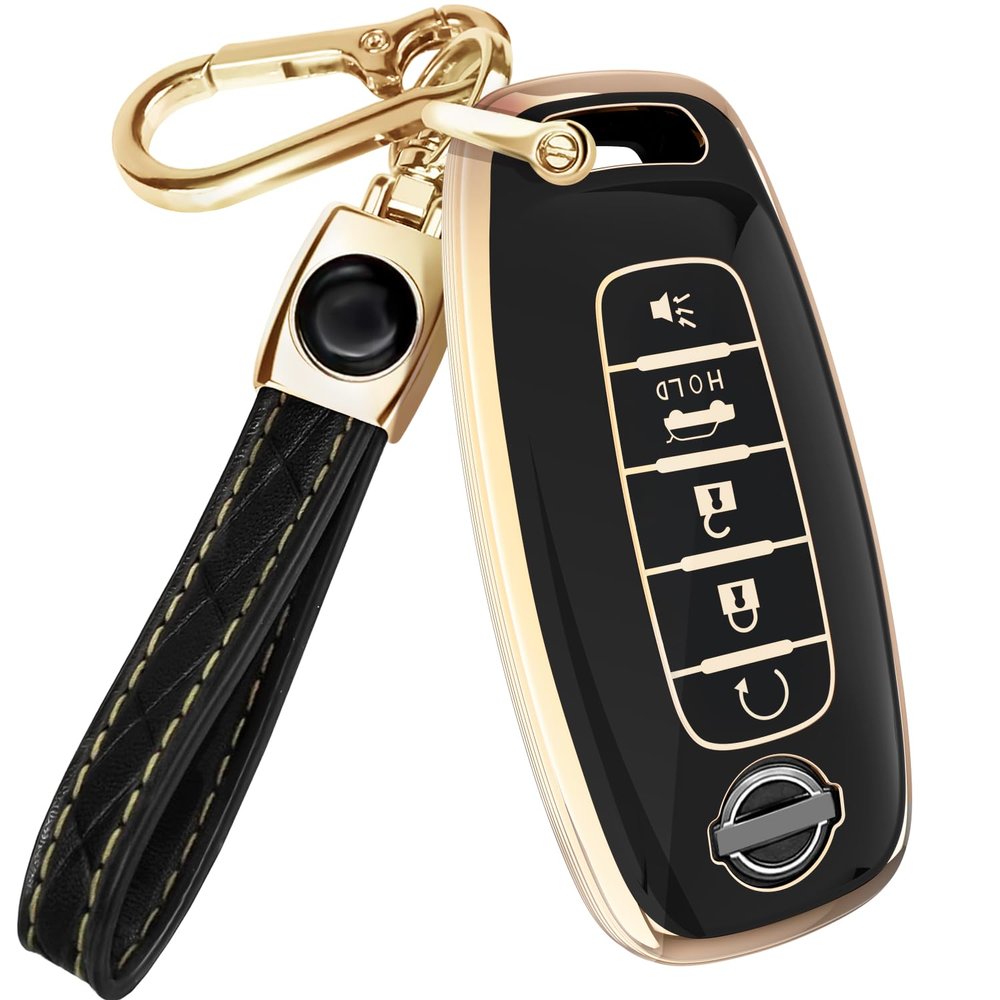 Lucrum Compatible with Nissan Key Fob Cover & Leather Keychain, 5 Buttons Keyfob Case for Pathfinder Rogue Sentra Versa Patrol Armada (2023-2025) - Black and Gold