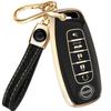 Lucrum Compatible with Nissan Key Fob Cover & Leather Keychain, 5 Buttons Keyfob Case for Pathfinder Rogue Sentra Versa Patrol Armada (2023-2025) - Black and Gold view 1