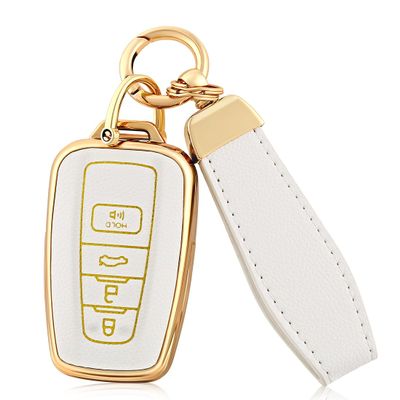 for Toyota Key Fob Cover with Keychain,Premium Soft TPU and Leather Key Case Protector Compatible with2018-2024 RAV4 Camry (White)
