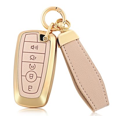 for Ford Key Fob Cover with Keychain, Soft TPU and Leather Key Case Shell Full Protection for Ford Explorer Fusion (Pink)