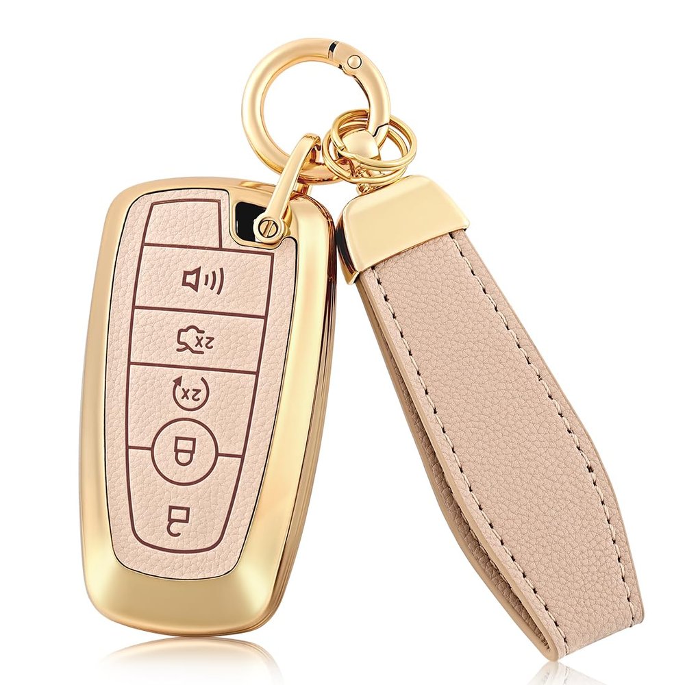 for Ford Key Fob Cover with Keychain, Soft TPU and Leather Key Case Shell Full Protection for Ford Explorer Fusion (Pink)