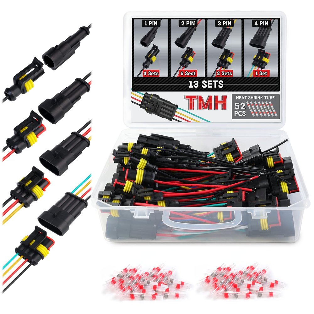 TMH 1/2/3/4 Pin Wire Connector 22 AWG Waterproof Electrical Male and Female, 10 cm. Wire Connectors 1-4 Way with Heat Shrink Tubing for Car Truck Boat Wire Connection (26PCS)