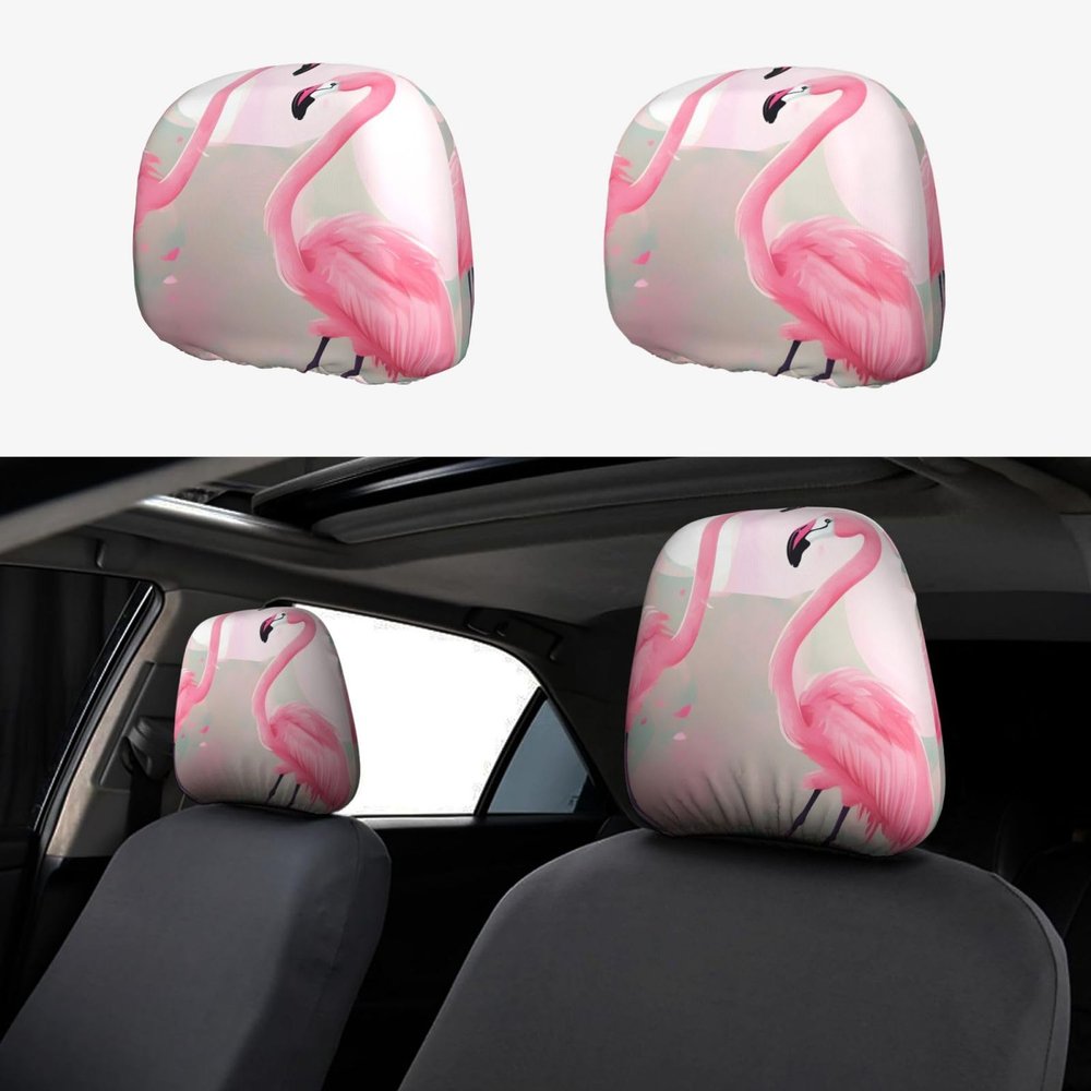 PEGQCVAM Love Flamingo Car Headrest Cover 2 Pcs. Protective Fabric Design, Elastic and Soft, Easy to Install, Decorative headrest Covers.
