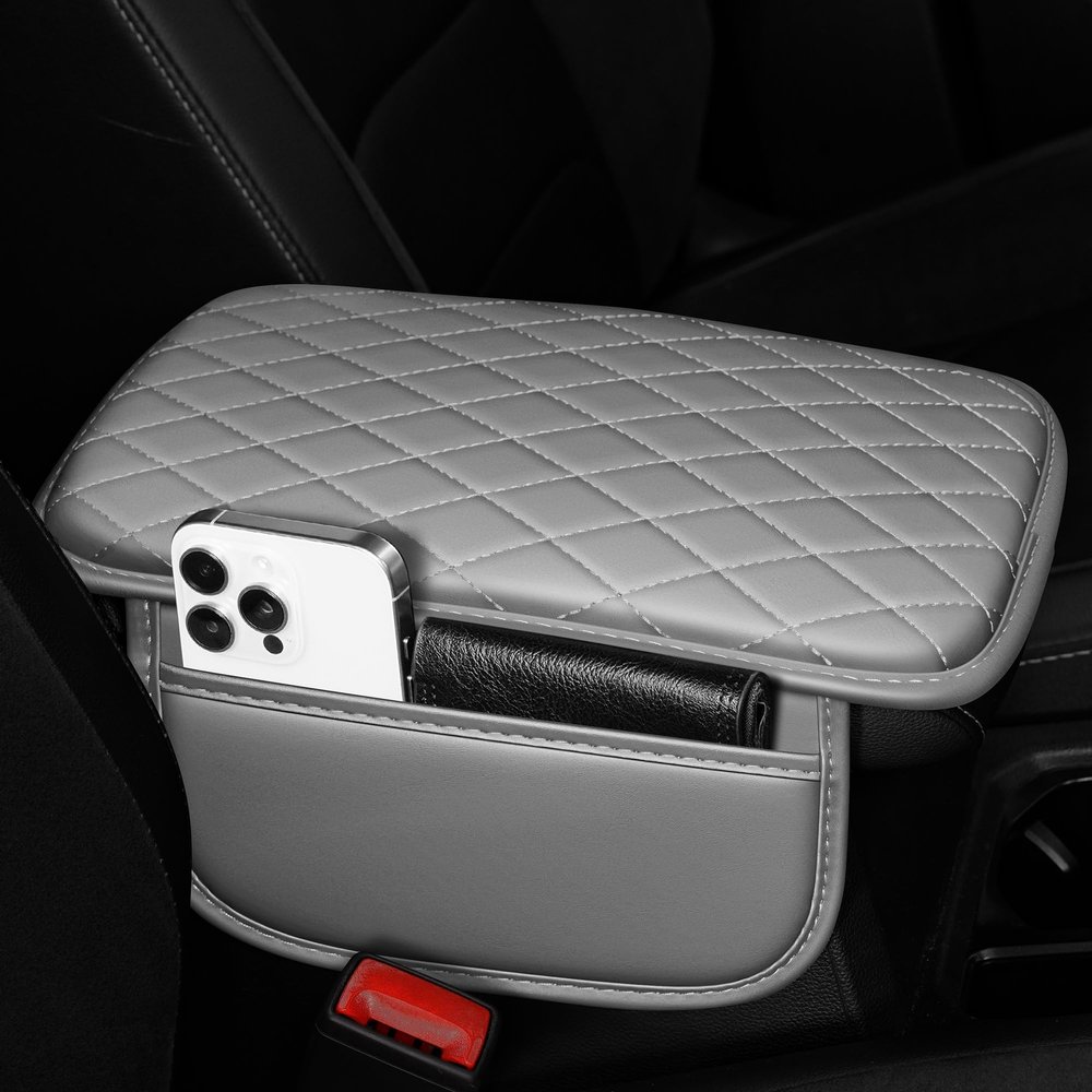 Zaqmru Center Console Cover for Cars Fit for Jeep Gladiator Leather Armrest Covers with 2 Storage Bags(Grey)