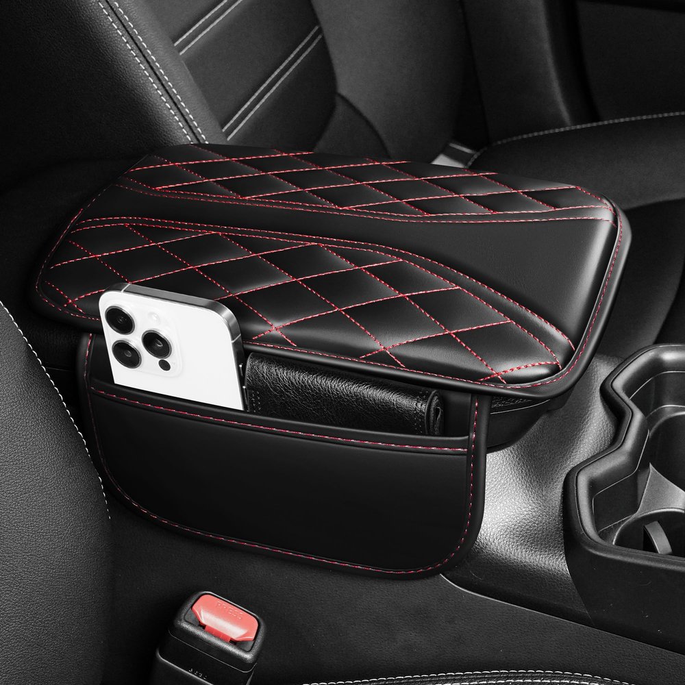Zaqmru Car Armrest Cover Fit for Mazda CX-5 Console Armrest Protector with 2 Storage Pockets Quilted Leather Non-Slip Backing (Black & Redline)