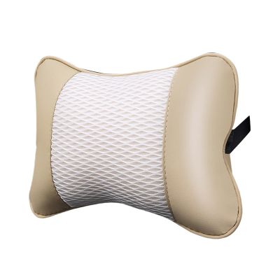 HouseVibe Car Neck Pillow Headrest Cushion Universal Head and Neck Support for Driving Vehicles PU Leather Mesh 9.80x6.93x3.78inch- Beige